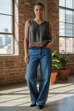 Allison Taylor Vintage 100% Silk Black Sleeveless Top with Floral Embroidery